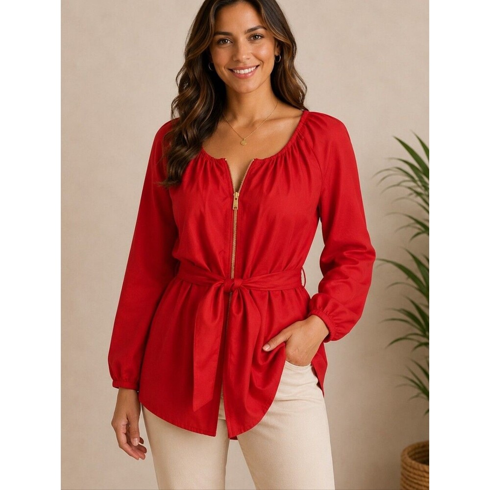 DKNY (Donna Karan New York) Vibrant Red Zip Up Balloon Sleeve Blouse, 8
